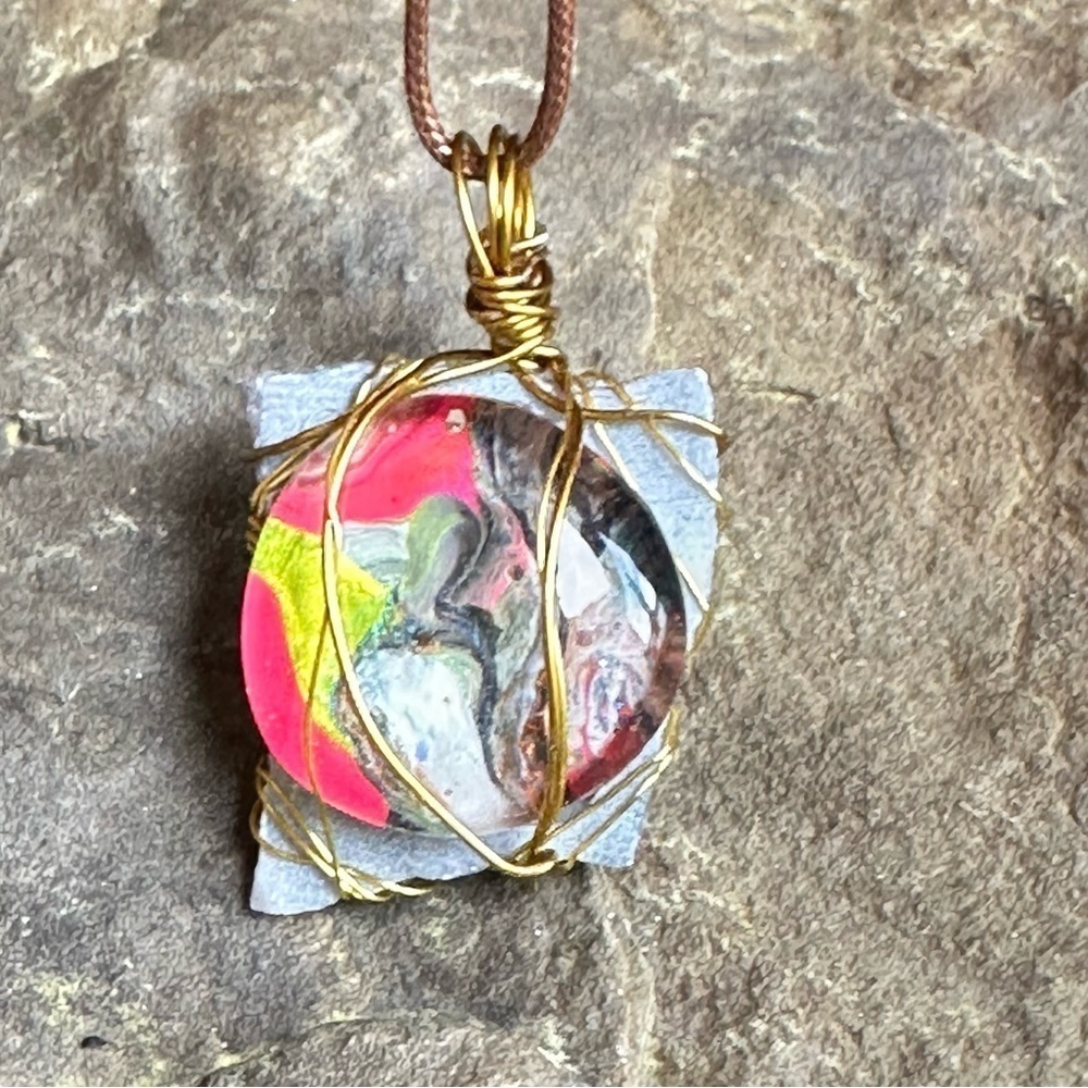 Handcrafted Gold Wire Wrapped Abstract Art Glass Pendant 2204